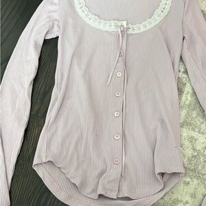Aritzia Lace-Trim Ribbed Button-Front Top - Light Lavender
